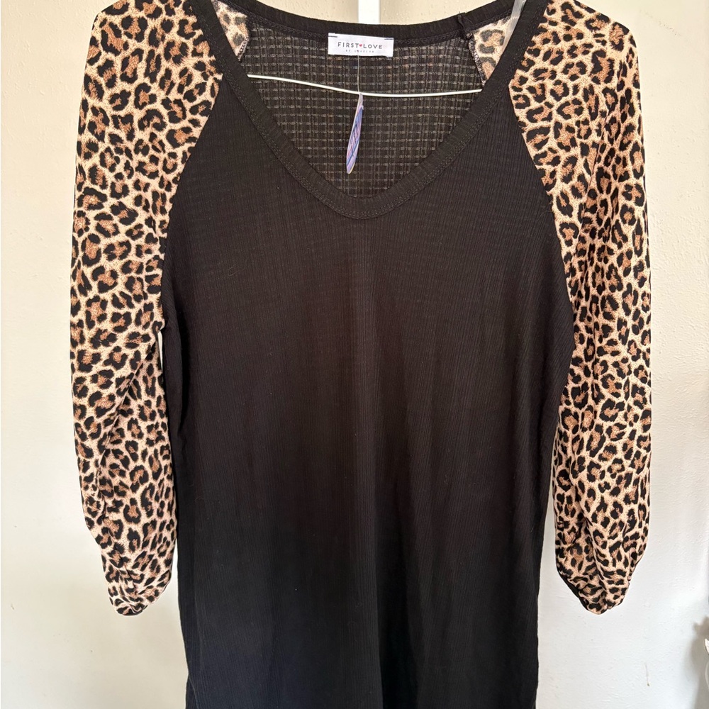 A Girl Thing Black Top with Leopard Print Sleeves